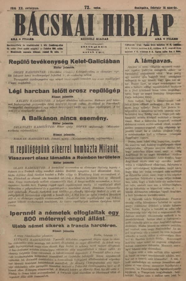 Bácskai Hirlap, 20. évf. 1916. február 16. 72. sz.