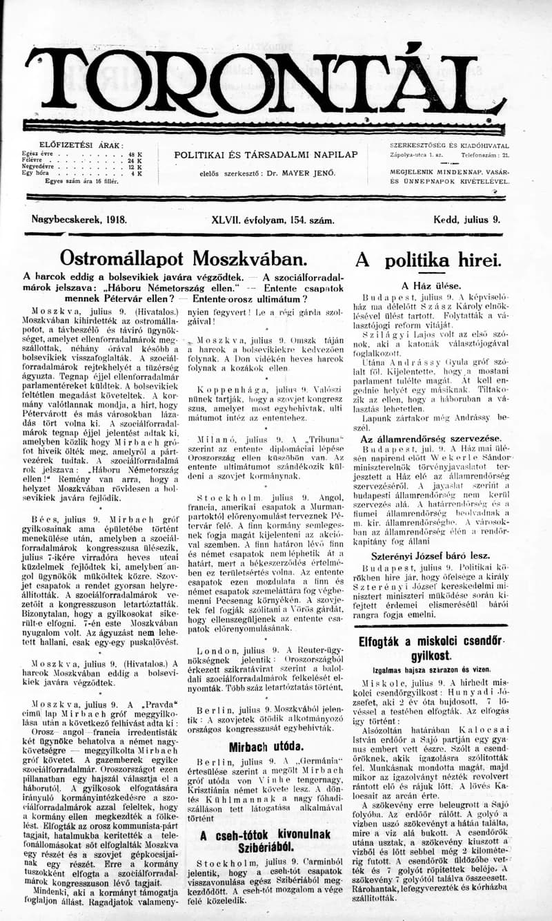 Torontál, 47. évf. 1918. július 9. 154. sz.