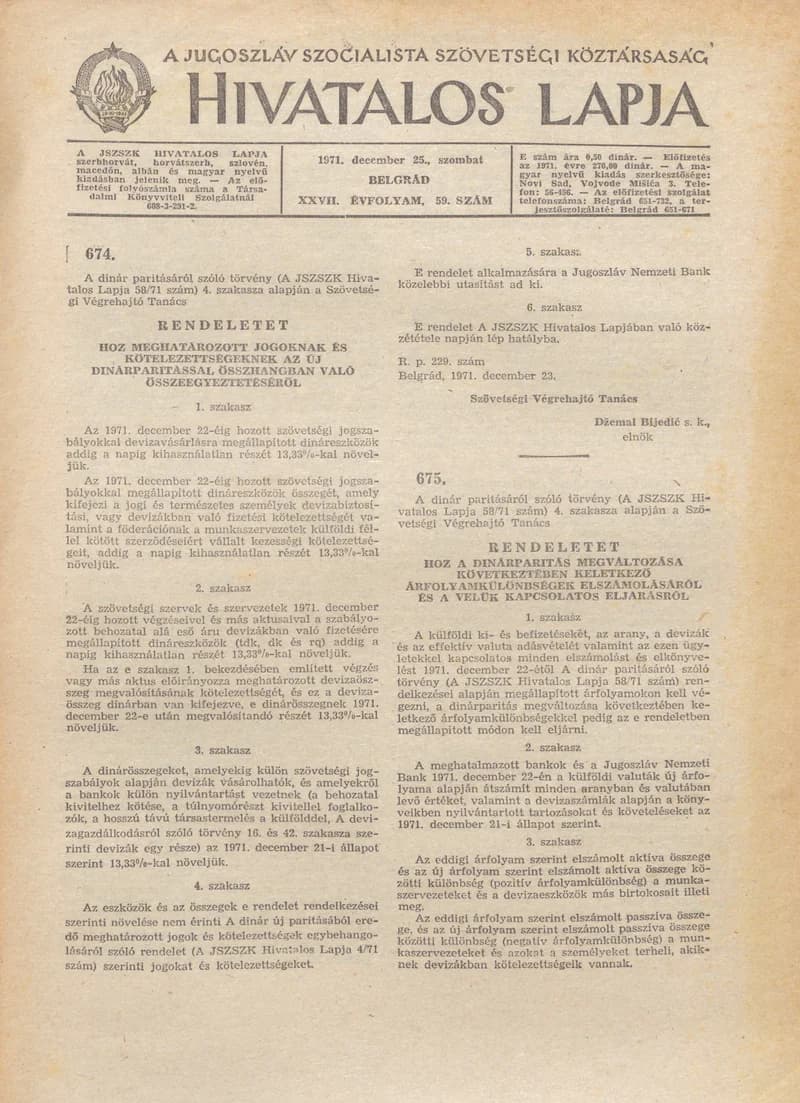 A Jugoszláv Szocialista Szövetségi Köztársaság Hivatalos Lapja, 27. évf. 1971. december 25. 59. sz. 1117–1120. oldal