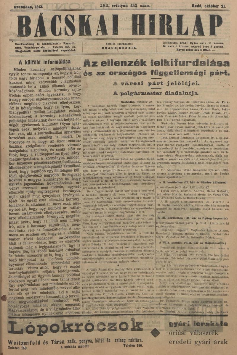 Bácskai Hirlap, 17. évf. 1913. október 21. 242. sz.