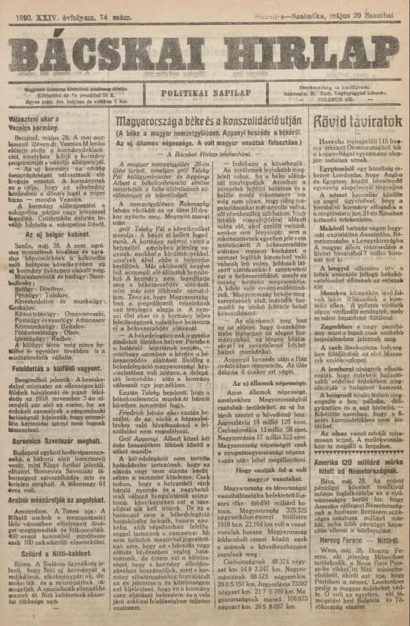 Bácskai Hirlap, 24. évf. 1920. május 29. 74. sz.