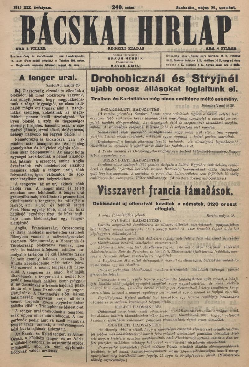 Bácskai Hirlap, 19. évf. 1915. május 29. 240. sz.