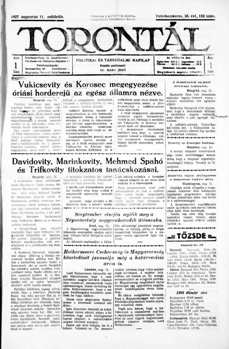 Torontál, 56. évf. 1927. augusztus 11. 182. sz.
