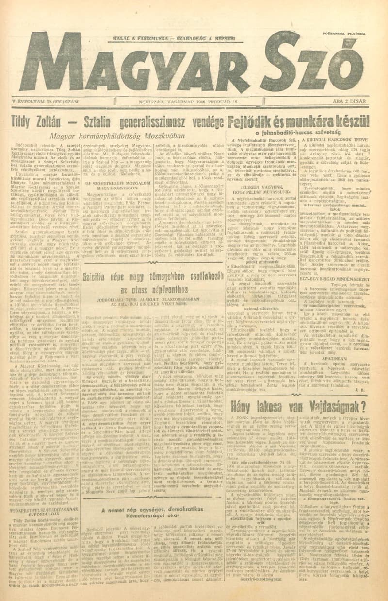 Magyar Szó, 5. évf. 1948. február 15. 39. sz. 1–8. oldal