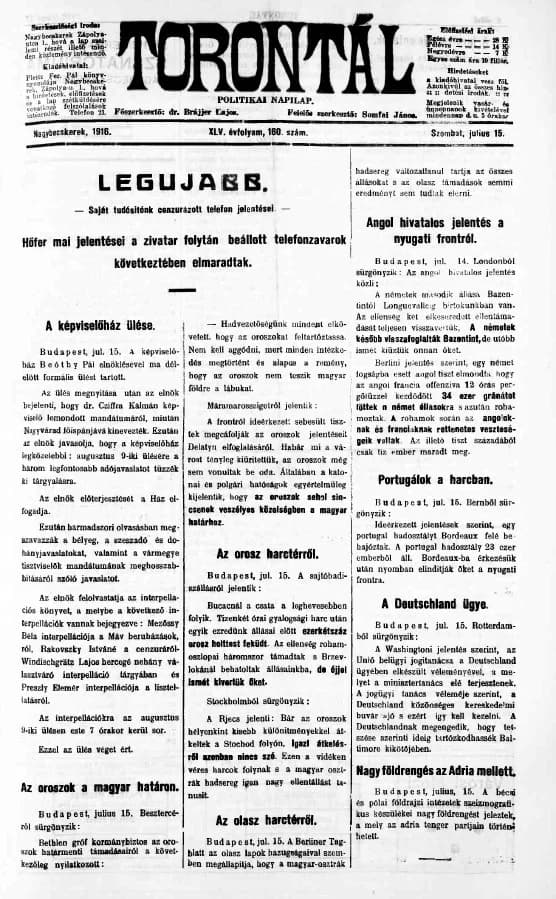 Torontál, 45. évf. 1916. július 15. 160. sz.