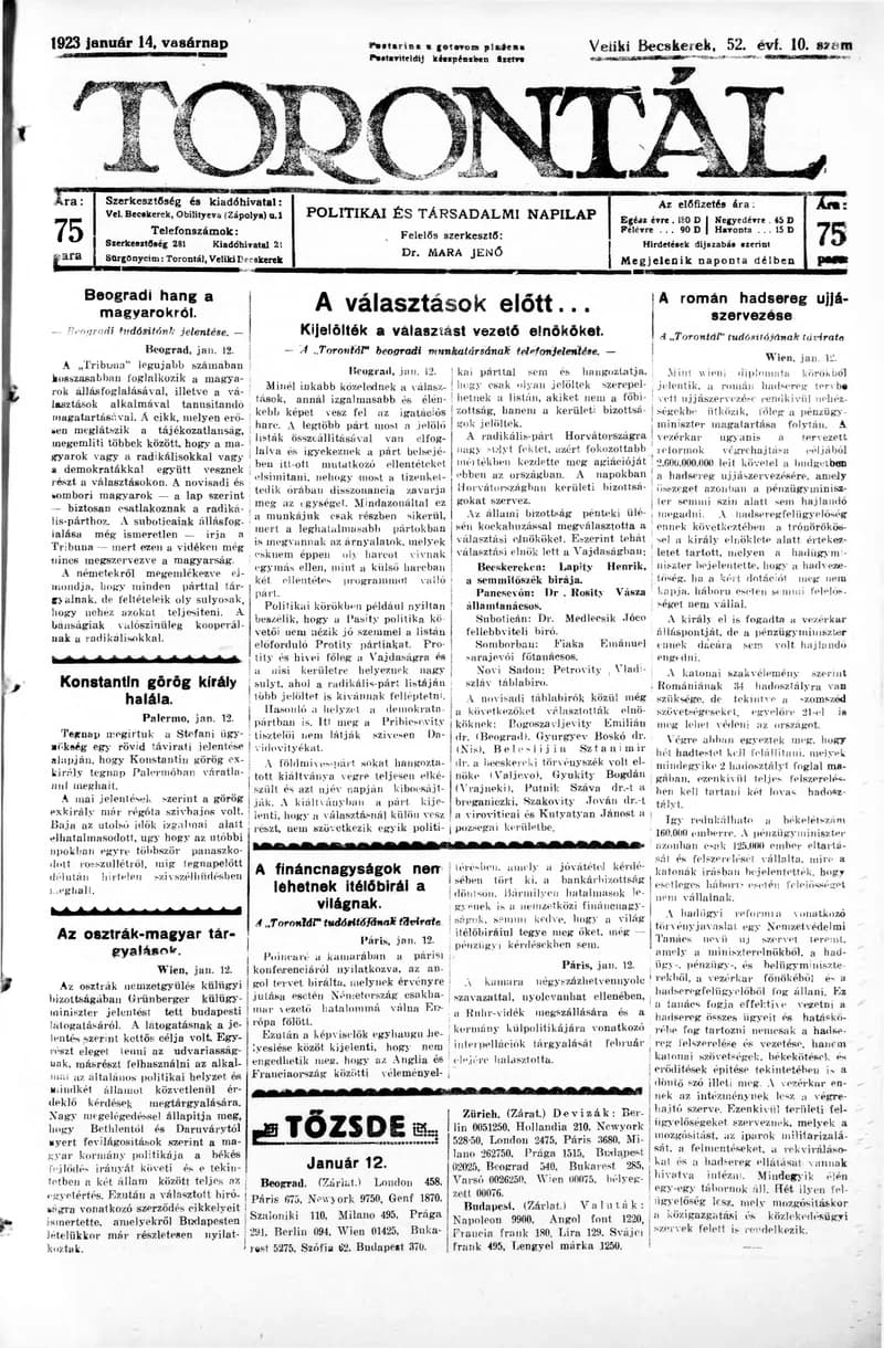 Torontál, 52. évf. 1923. január 14. 10. sz.