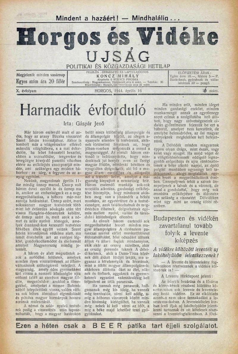 Horgos és vidéke, 9. évf. 1944. április 16. 16. sz.