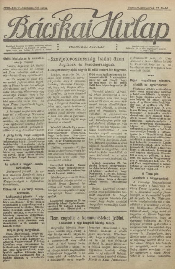 Bácskai Hirlap, 24. évf. 1920. augusztus 31. 139. sz.