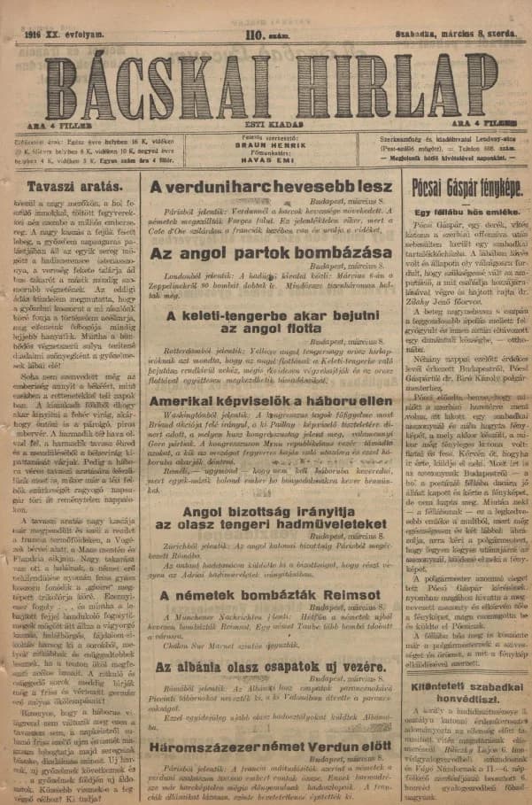 Bácskai Hirlap, 20. évf. 1916. március 8. 110. sz.