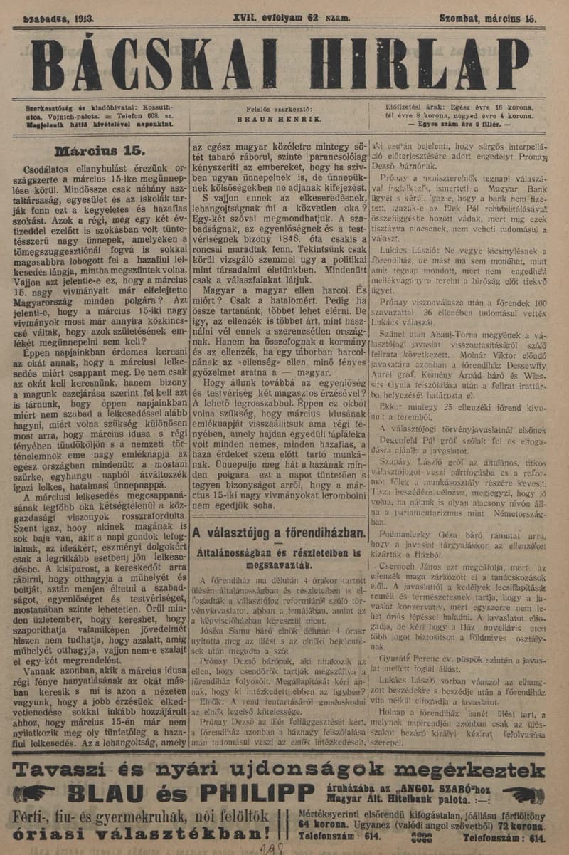 Bácskai Hirlap, 17. évf. 1913. március 15. 62. sz.