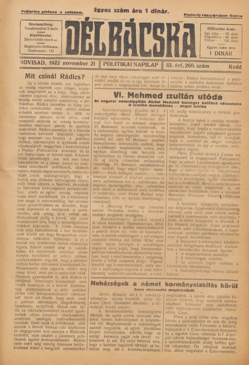 Délbácska, 3. évf. 1922. november 21. 260. sz.