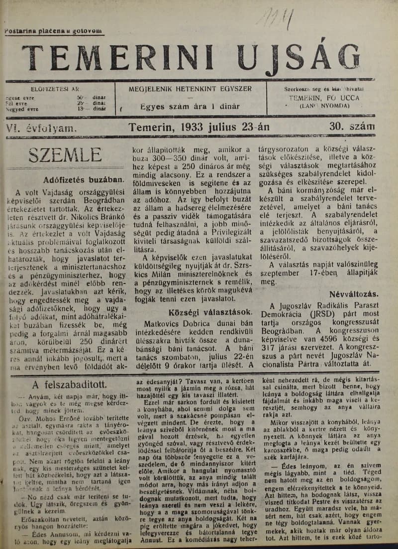 Temerini Újság 1928-1944, 6. évf. 1933. július 23. 30. sz.