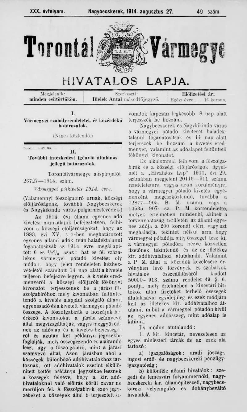 Torontál Vármegye Hivatalos Lapja, 30. évf. 1914. augusztus 27. 40. sz.