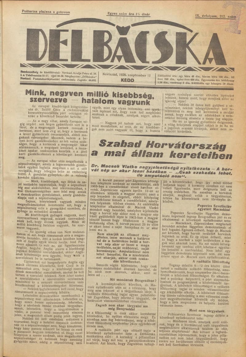 Délbácska, 9. évf. 1928. szeptember 11. 212. sz.