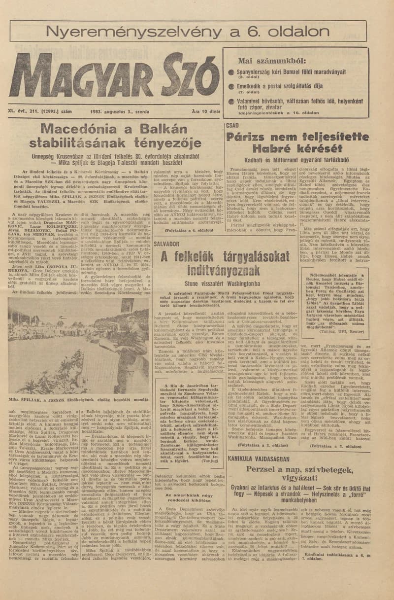 Magyar Szó, 40. évf. 1983. augusztus 3. 211. sz. 1–20. oldal