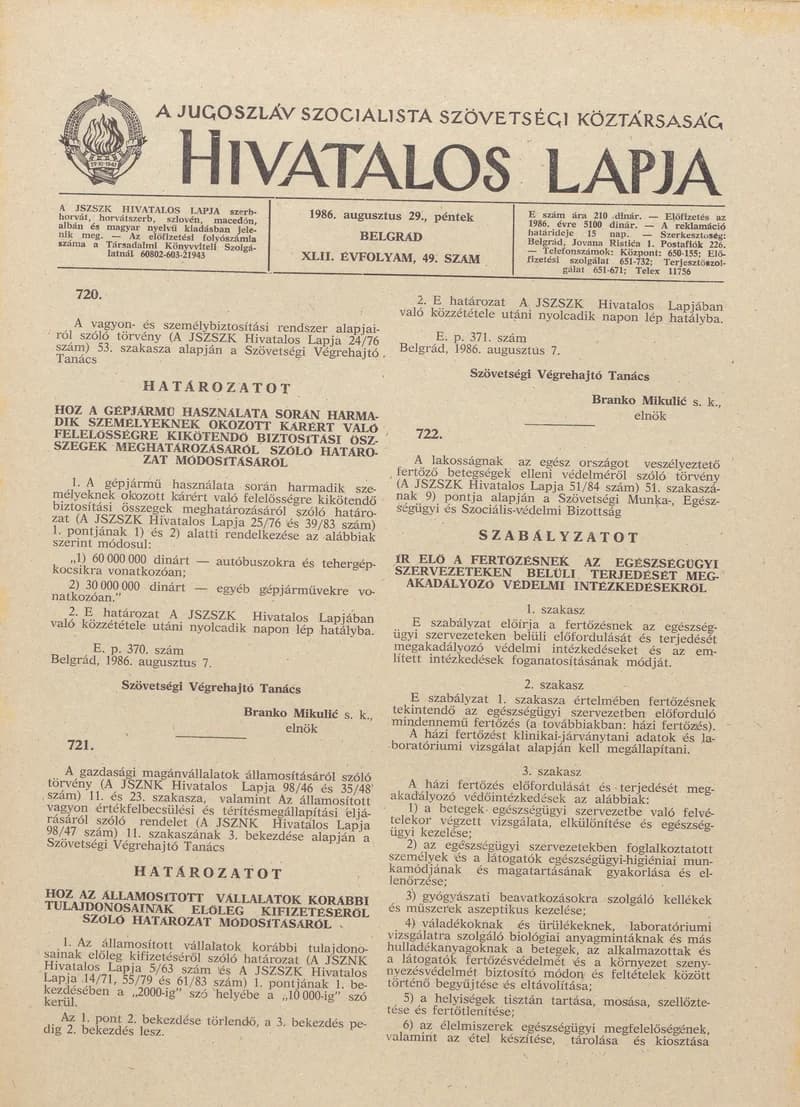 A Jugoszláv Szocialista Szövetségi Köztársaság Hivatalos Lapja, 42. évf. 1986. augusztus 29. 49. sz. 1469–1496. oldal