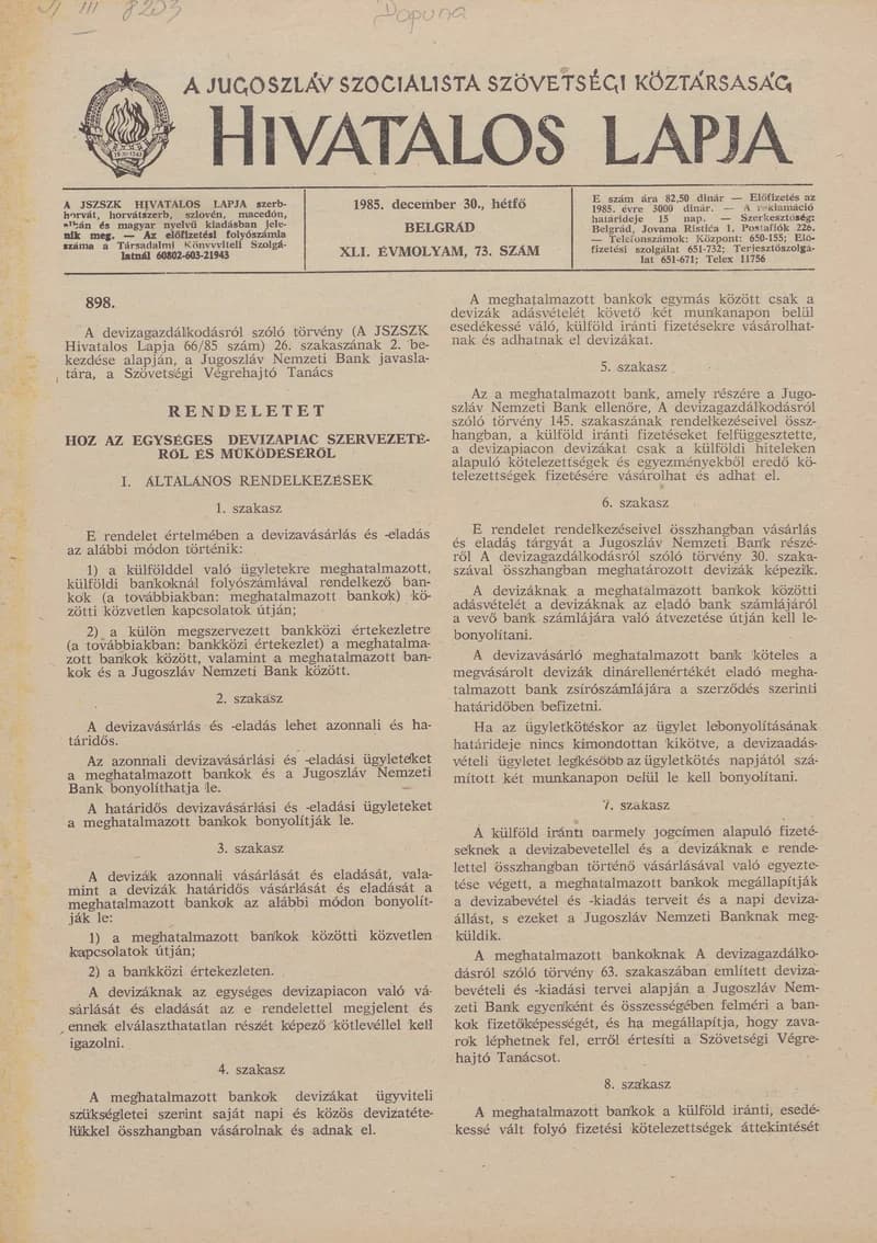 A Jugoszláv Szocialista Szövetségi Köztársaság Hivatalos Lapja, 41. évf. 1985. december 30. 73. sz. 2077–2188. oldal