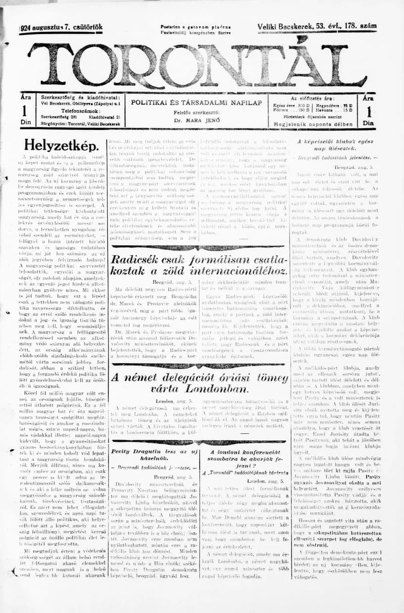 Torontál, 53. évf. 1924. augusztus 7. 178. sz.