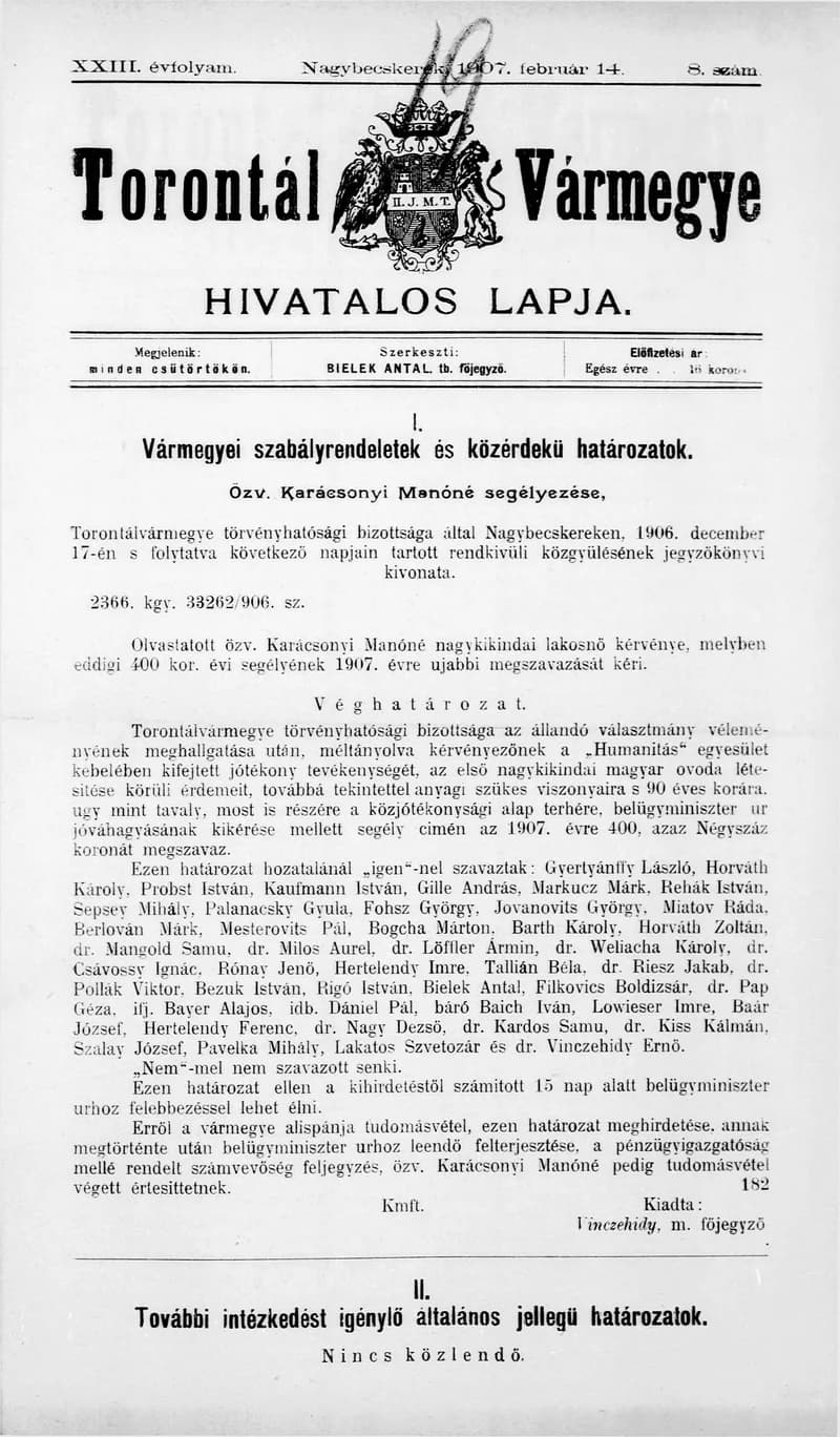 Torontál Vármegye Hivatalos Lapja, 23. évf. 1907. február 14. 8. sz.