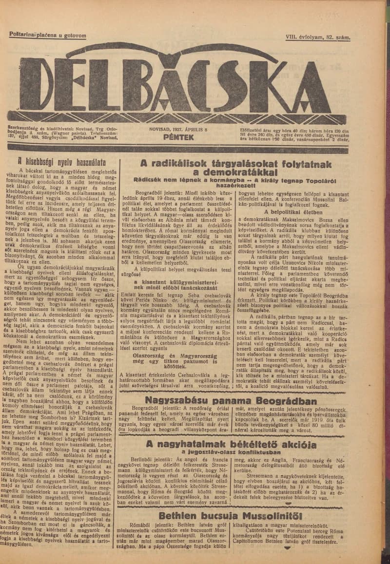 Délbácska, 8. évf. 1927. április 8. 82. sz.