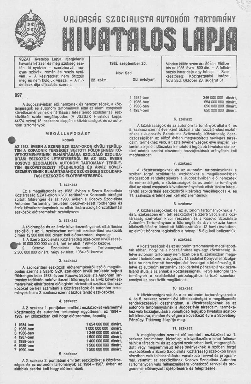 Vajdaság Szocialista Autonóm Tartomány Hivatalos Lapja, 41. évf. 1985. szeptember 20. 22. sz.