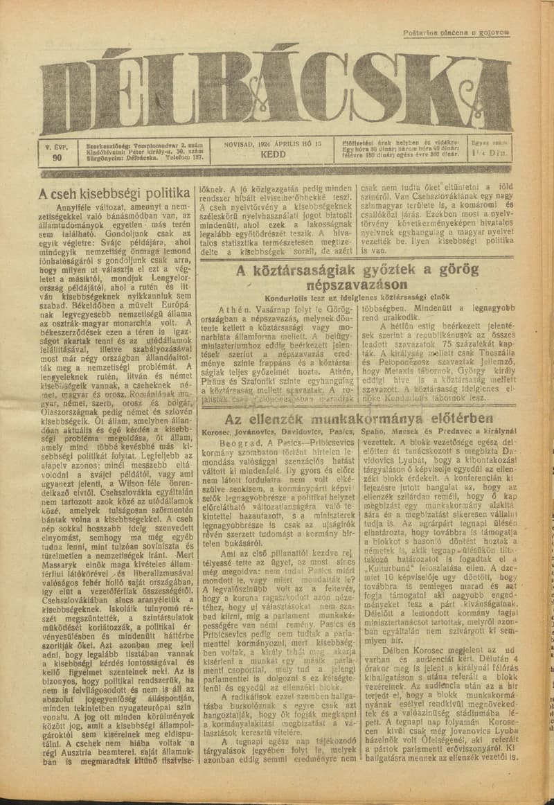 Délbácska, 5. évf. 1924. április 15. 90. sz.