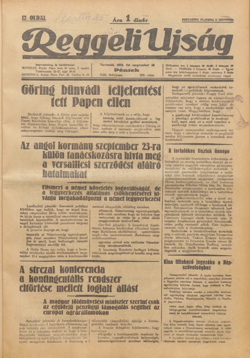 Reggeli Újság, 13. évf. 1932. szeptember 16. 220. sz.