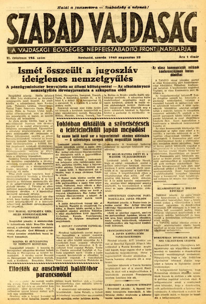 Szabad Vajdaság, 2. évf. 1945. augusztus 22. 193. sz.
