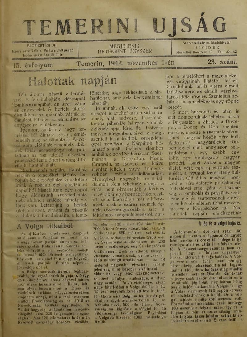 Temerini Újság 1928-1944, 15. évf. 1942. november 1. 23. sz.