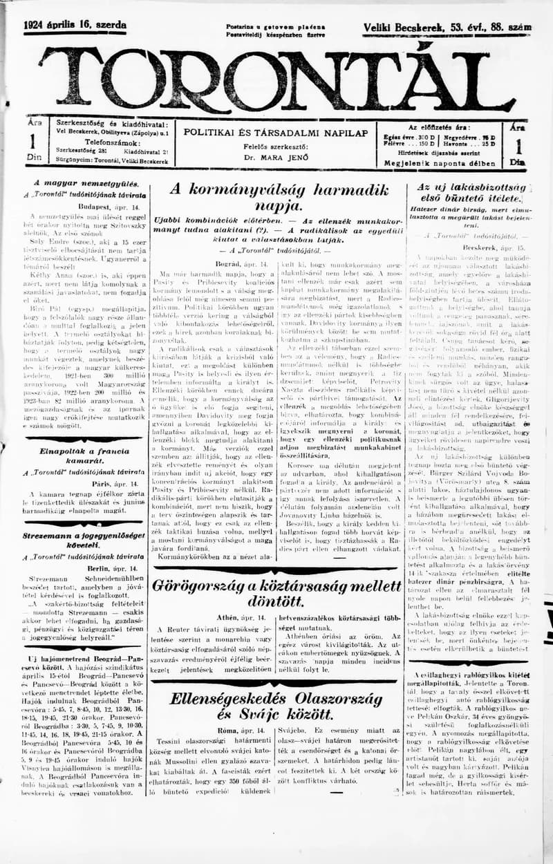 Torontál 1924. április 16. 88. sz.