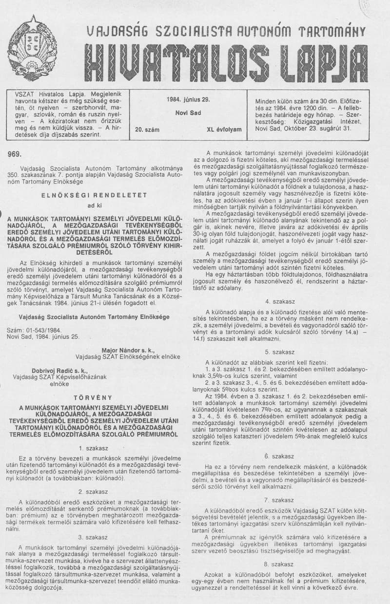 Vajdaság Szocialista Autonóm Tartomány Hivatalos Lapja, 40. évf. 1984. június 29. 20. sz.