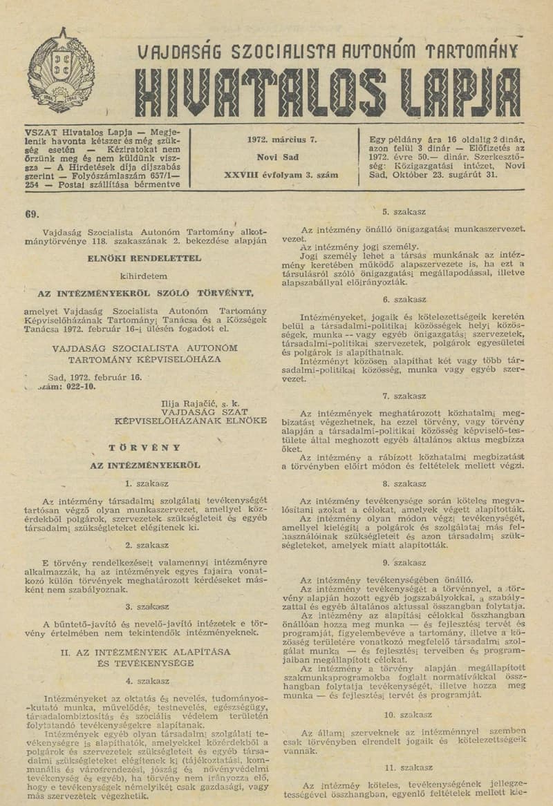 Vajdaság Szocialista Autonóm Tartomány Hivatalos Lapja, 28. évf. 1972. március 7. 3. sz. 49–60. oldal