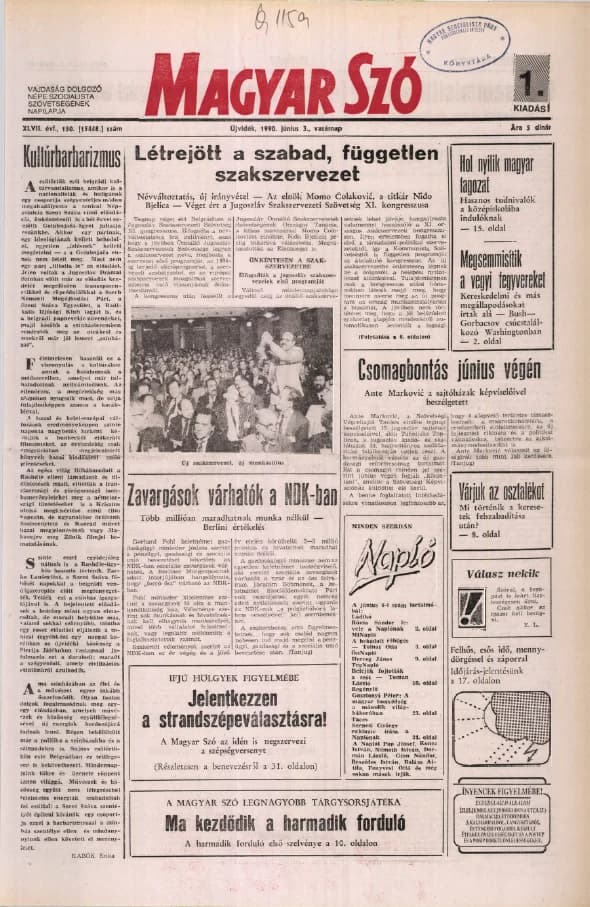 Magyar Szó, 47. évf. 1990. június 3. 150. sz. 1–32. oldal
