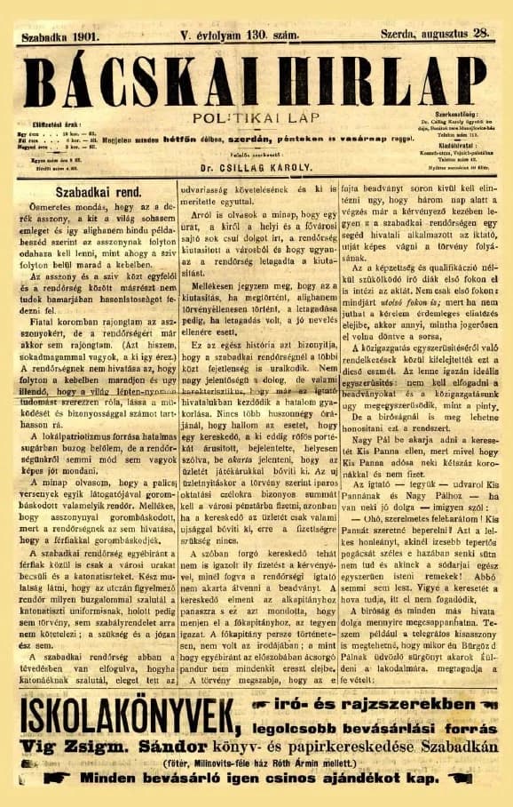 Bácskai Hirlap, 5. évf. 1901. augusztus 26. 130. sz.