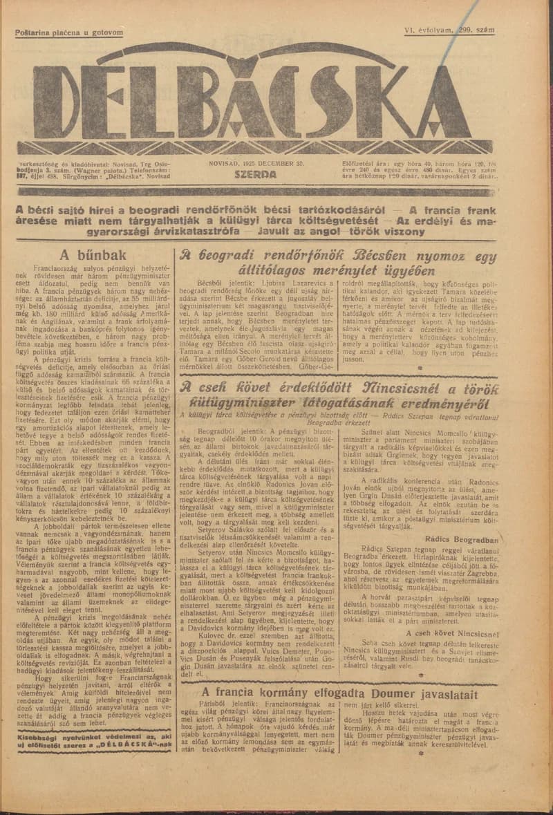Délbácska, 6. évf. 1925. december 30. 299. sz.
