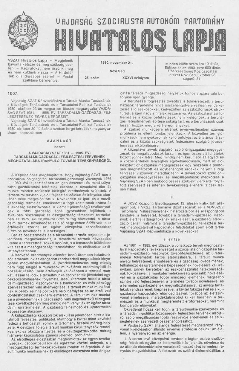 Vajdaság Szocialista Autonóm Tartomány Hivatalos Lapja, 36. évf. 1980. november 21. 25. sz. 1147–1154. oldal