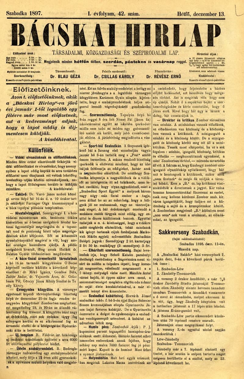 Bácskai Hirlap, 1. évf. 1897. december 13. 42. sz. 1–2. oldal