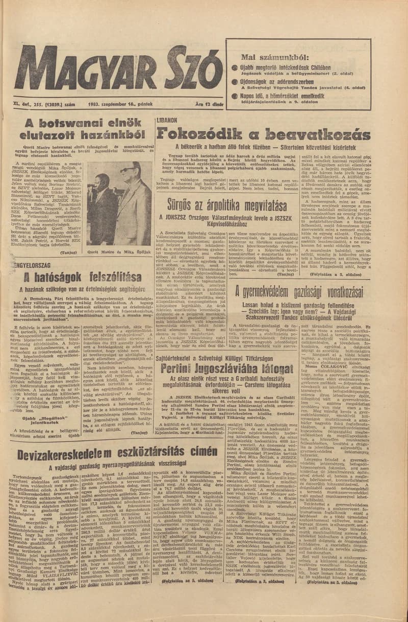 Magyar Szó, 40. évf. 1983. szeptember 16. 255. sz.