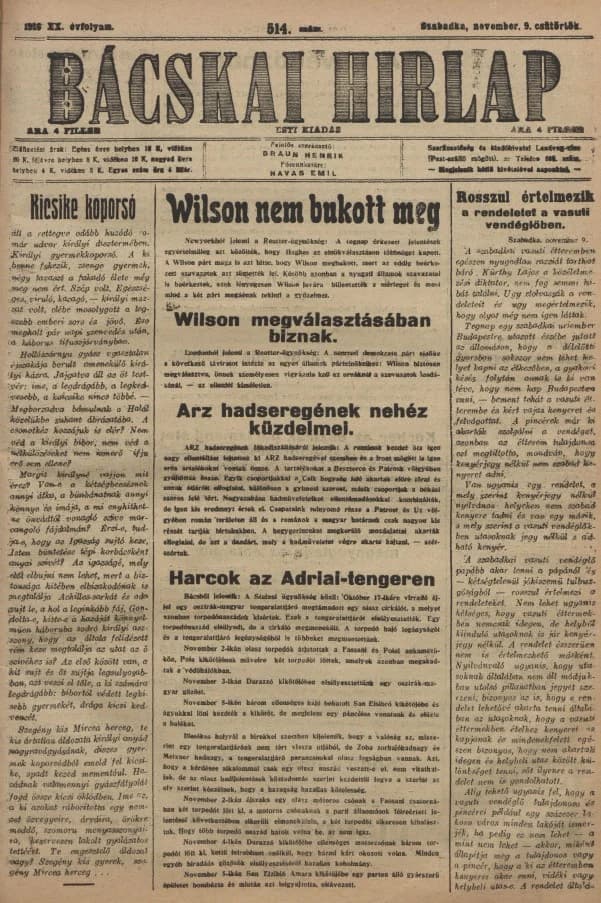 Bácskai Hirlap, 20. évf. 1916. november 9. 514. sz.