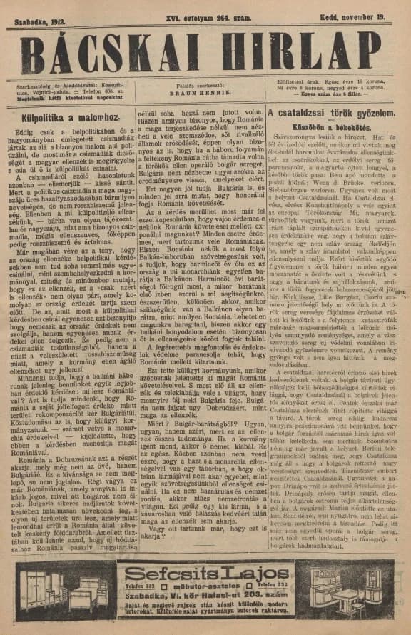 Bácskai Hirlap, 16. évf. 1912. november 19. 264. sz.