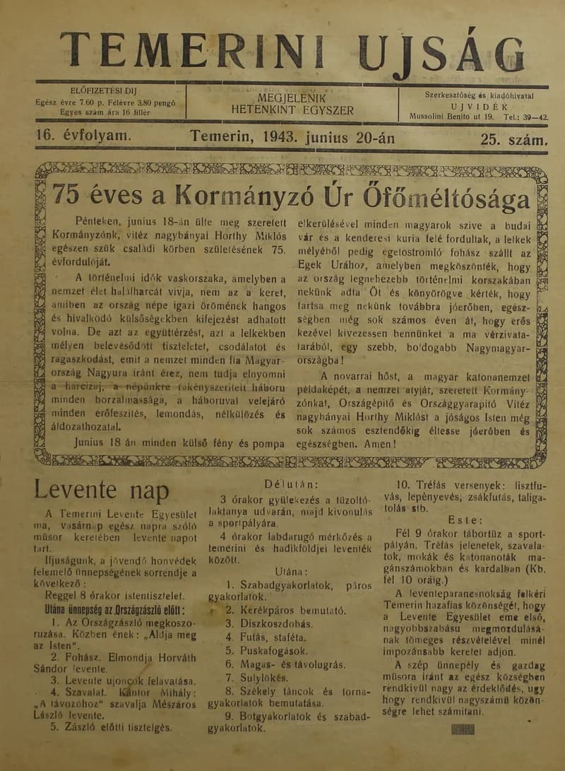 Temerini Újság 1928-1944, 16. évf. 1943. június 20. 25. sz.