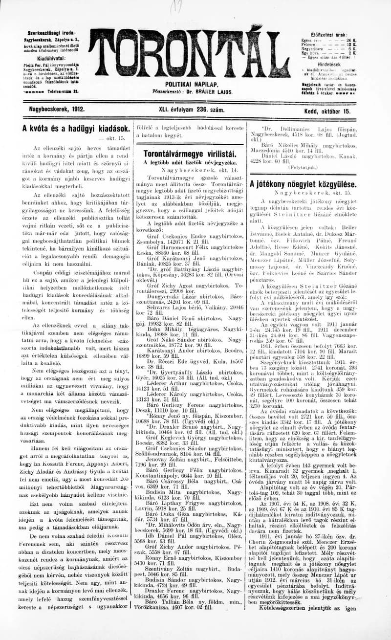 Torontál, 41. évf. 1912. október 15. 236. sz.