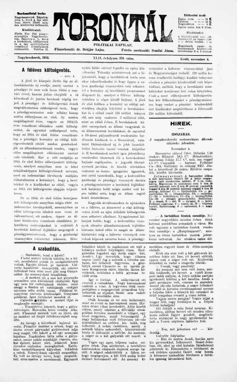 Torontál, 42. évf. 1913. november 4. 253. sz.