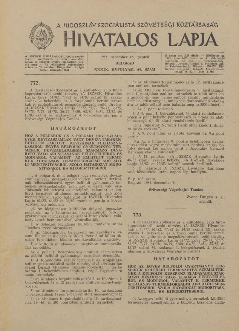 A Jugoszláv Szocialista Szövetségi Köztársaság Hivatalos Lapja, 39. évf. 1983. december 16. 64. sz. 1717–1720. oldal