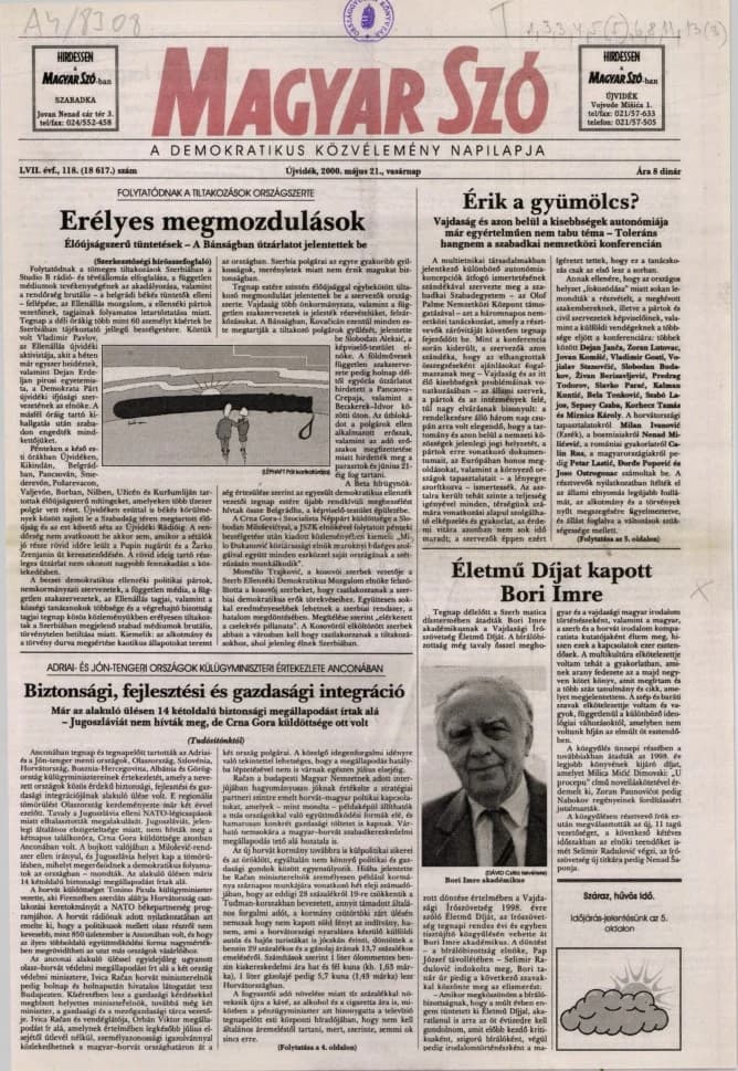 Magyar Szó, 57. évf. 2000. május 21. 118. sz. 1–24. oldal