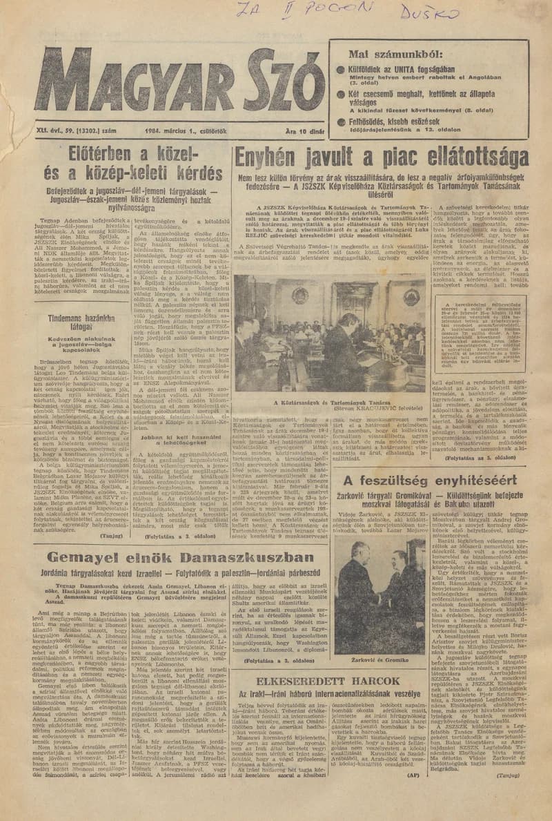 Magyar Szó, 41. évf. 1984. március 1. 59. sz. 1–20. oldal