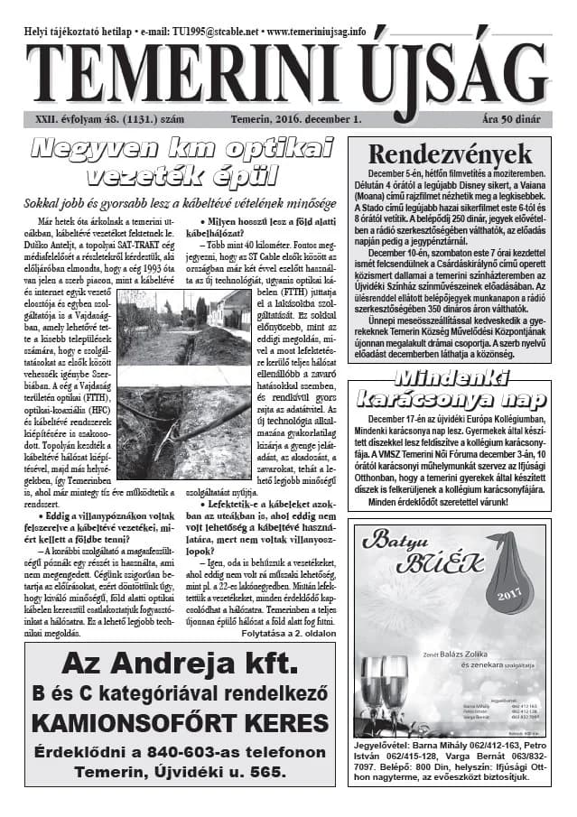 Temerini Újság, 22. évf. 2016. december 1. 48. sz.