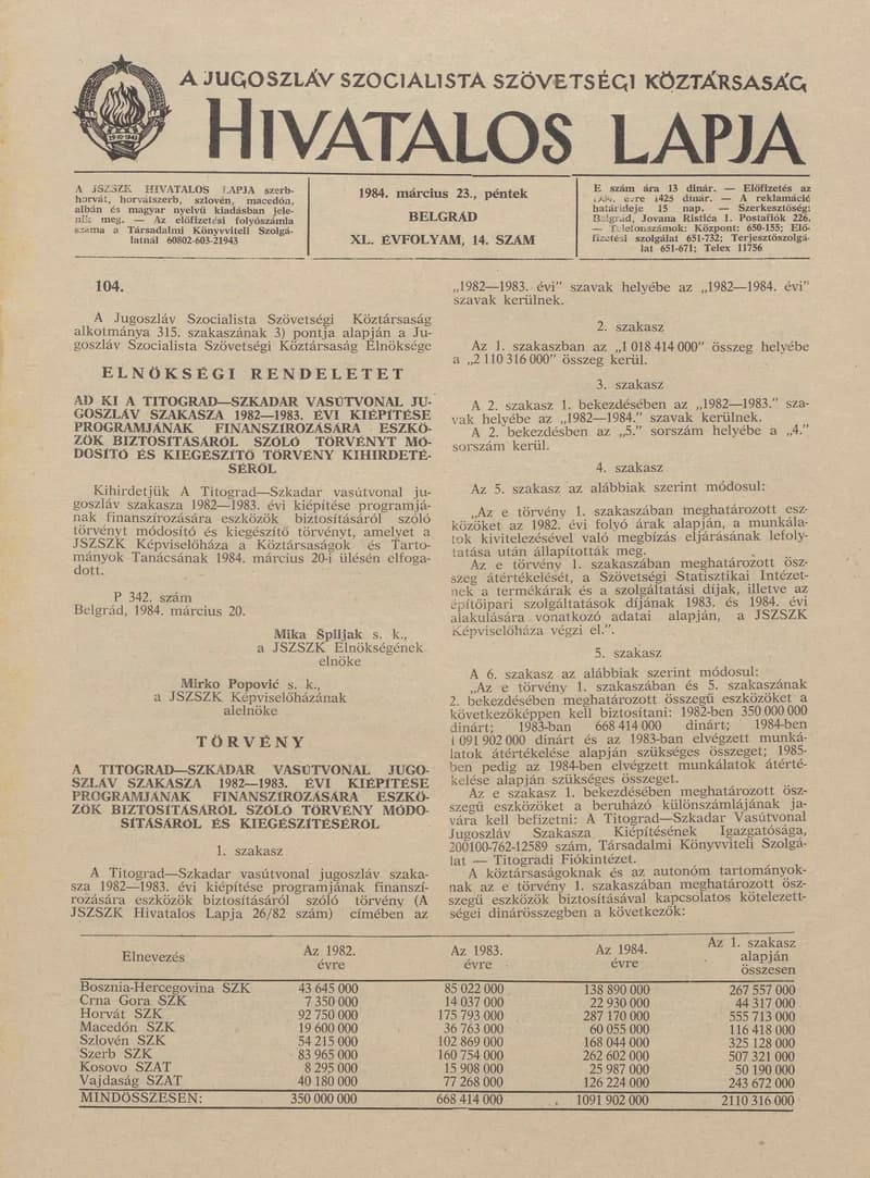 A Jugoszláv Szocialista Szövetségi Köztársaság Hivatalos Lapja, 40. évf. 1984. március 23. 14. sz. 431–446. oldal