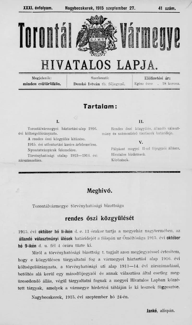 Torontál Vármegye Hivatalos Lapja, 31. évf. 1915. szeptember 27. 41. sz.
