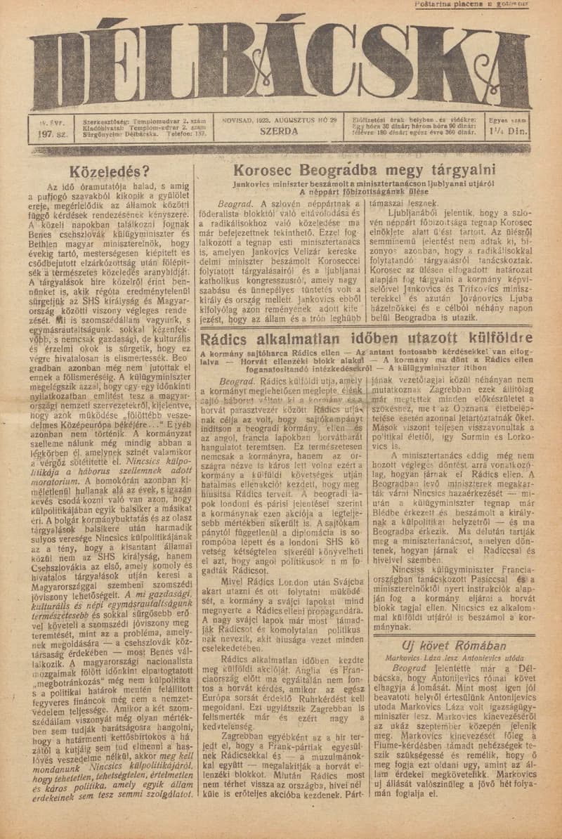 Délbácska, 4. évf. 1923. augusztus 29. 197. sz.